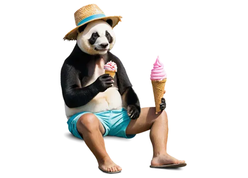 Panda, sitting, beach scene, tropical, relaxed, cute face, black and white fur, sunglasses, straw hat, Hawaiian shirt, flip flops, holding ice cream cone, toes curled, warm sunlight, soft focus, 3/4 c