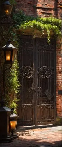 Savannah style, architectural supply store, old brick building, large wooden doors, ornate metal handles, rusty iron gates, outdoor lanterns, vines crawling up walls, warm afternoon sunlight, subtle s