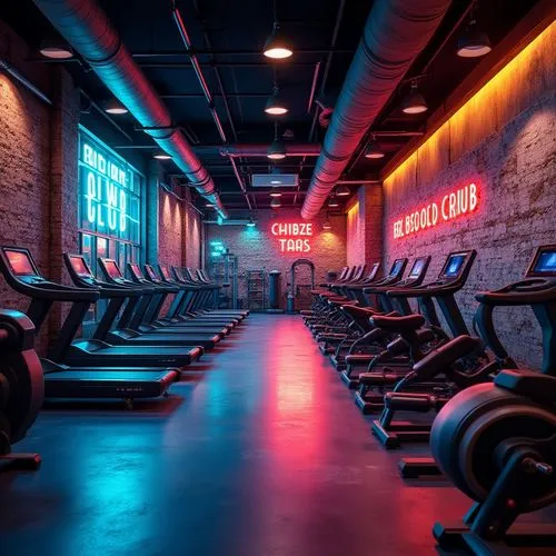 Vibrant fitness club, energetic atmosphere, bold color scheme, bright neon lights, dynamic accent walls, metallic equipment, sleek floors, motivational quotes, modern minimalist design, industrial-chi