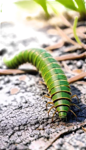 Armyworm, green body, many legs, antennae, segmented exoskeleton, shiny surface, crawling, eating leaves, forest floor, morning dew, soft natural light, 3/4 composition, shallow depth of field, warm c