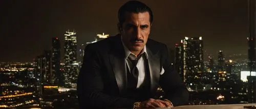 Mafia boss, Kezarian, mature man, 40yo, rugged facial features, sharp jawline, piercing brown eyes, slicked back black hair, gold chain necklace, three-piece suit, white shirt, black tie, leather glov