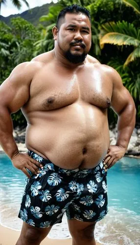 raw photo, burly chubby guy, tongan 40 years old, round face, fat, wet skin, joyfull face, black skin, wearing hawaiian shirt, full body shot, hands on waist, body hair on chest, fat chubby chest, chu