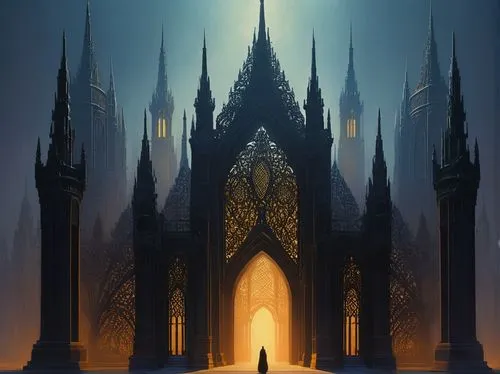 haunted cathedral,hall of the fallen,shadowgate,conclave,spire,cathedral,clocktower,gold castle,clockwatchers,kingdoms,cathedrals,house silhouette,castle of the corvin,spires,gothic church,westminster,neverwinter,magorium,ravenloft,neogothic,Illustration,Abstract Fantasy,Abstract Fantasy 20