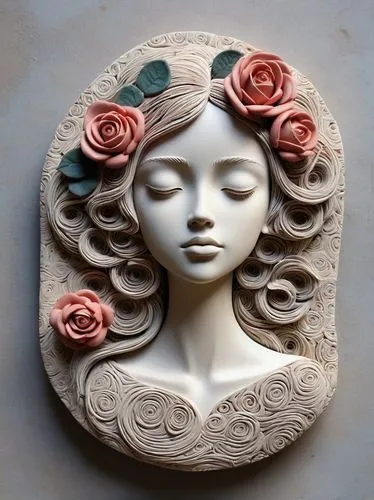 porcelain rose,rose wreath,stone carving,wood carving,art nouveau,art deco ornament,art deco woman,decorative figure,art nouveau design,wall plate,carved wood,woman sculpture,biscuit rose de reims,decorative art,vosges-rose,blooming wreath,rose bloom,art nouveau frame,the sleeping rose,carved,Illustration,Abstract Fantasy,Abstract Fantasy 02