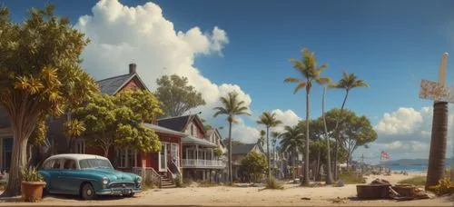 classic car and palm trees,santa barbara,bogart village,honolulu,seminyak,broadway at beach,seaside resort,south pacific,seaside country,oahu,kohphangan,resort town,street scene,kuta,hua hin,key west,maui,rosewood,waikiki beach,1950s,Photography,General,Fantasy