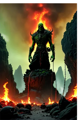 Hellish landscape, dark red sky, flames rising high, demonic creatures lurking, skulls scattered, chains and hooks, lava flow, fire pits, eerie green glow, intense warm lighting, cinematic composition