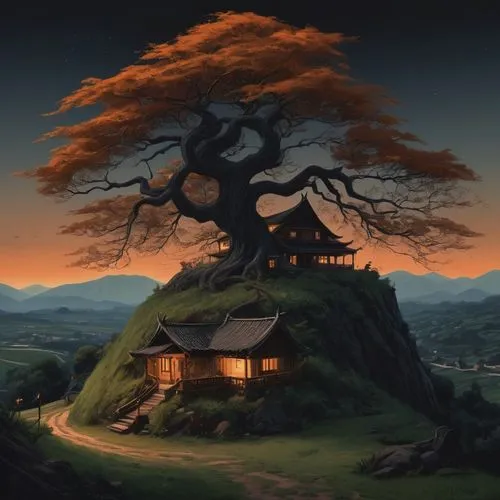 the japanese tree,tree house,treehouse,lonetree,lone tree,tree house hotel,Conceptual Art,Fantasy,Fantasy 01