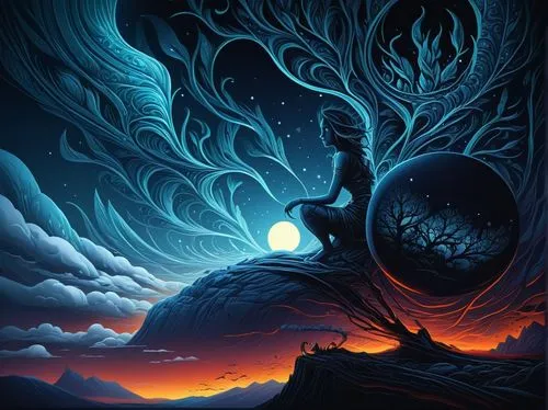 an illustration of a woman with a full moon on her back,shamanic,mother earth,djinn,samuil,lateralus,tree of life,Illustration,Realistic Fantasy,Realistic Fantasy 25