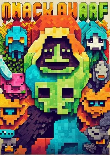 an illustrated piece of a group of pixel characters,duracraft,android game,mugambage,minigame,miniace,pixel art,maccari,mascarade,magi,forcade,naccache,magalloway,magagula,fractale,phage,aquacade,magi