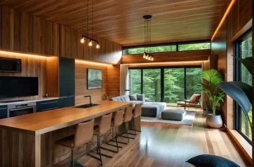 Sliding glass doors see through the wall.,wood casework,modern kitchen interior,modern kitchen,interior modern design,mid century house,bohlin,cabin,kitchen design,prefab,paneling,cabinetry,contempora