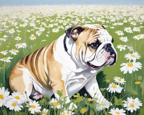 Imagine an English Bulldog happily playing in a field of daisies.,white english bulldog,english bulldog,british bulldogs,old english bulldog,dwarf bulldog,continental bulldog,dorset olde tyme bulldogg