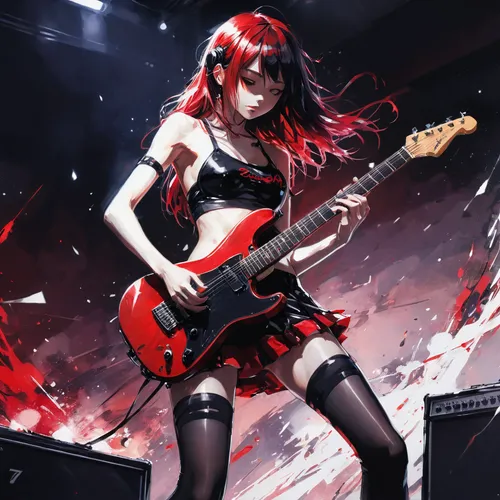concert guitar,lead guitarist,electric guitar,guitar,painted guitar,playing the guitar,rocker,bass guitar,rock band,rock music,guitarist,music fantasy,maki,guitar player,bassist,red confetti,anime 3d,electric bass,guitor,sidonia,Illustration,Paper based,Paper Based 20