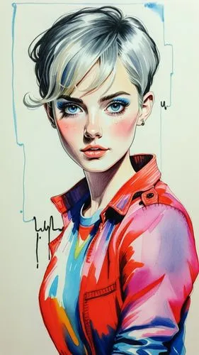 bright and saturated colors, suit, no background, background white. short hair, blonde, big eyes, blue eyes. American style drawing 11. big smile.,American style drawing of australian woman,lemire,jub