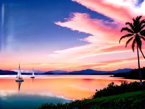 Landscape, sunset, warm orange sky, fluffy white clouds, rolling hills, distant mountains, serene lake, sailboat, palm trees, beach, tropical atmosphere, vibrant colors, soft focus, panoramic view, 3/