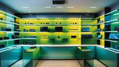 this room has neon green shelves and some monitors,perfumery,cleanrooms,cleanroom,pantry,chemical laboratory,biotherm,Photography,General,Sci-Fi