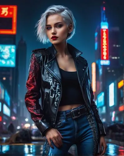 cyberpunk,leather jacket,retro woman,bolero jacket,femme fatale,wallis day,jacket,birds of prey-night,80s,retro girl,retro women,marylyn monroe - female,renegade,jean jacket,denim jacket,futuristic,harley,urban,punk,photo session at night,Illustration,Paper based,Paper Based 08