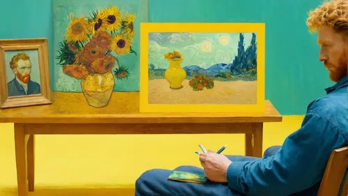 Van Gogh looking at the vase sitting on the armchair near the vase table, while he drawing the painting.,vincent van gogh,post impressionism,painting technique,meticulous painting,artist portrait,aa,a