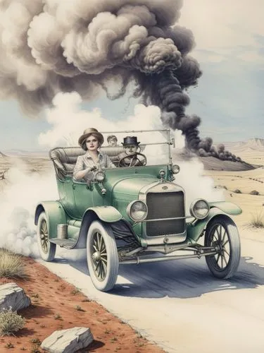 Pen drawing: Mrs. Clara Jane Ford is at the center of the action. She is driving a Ford (Model T) through a Texan landscape, its dark green paint reflecting the bright sunlight. The intricate details 