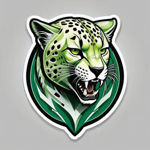 Logo emblem for game token realistic,epic,depicting the head of a fast cheetah warrior called "Stilcat", light green tones, D&D, illustration, token on white background,a green panther with its mouth 