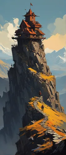 tigers nest,mountain settlement,mountain stone edge,rice mountain,summit castle,yellow mountains,mountain slope,mountain,roof landscape,mountain landscape,stone pagoda,high landscape,mountain top,cliffs,pagoda,mountain peak,mountainside,ancient city,mountain world,high mountains,Conceptual Art,Sci-Fi,Sci-Fi 01