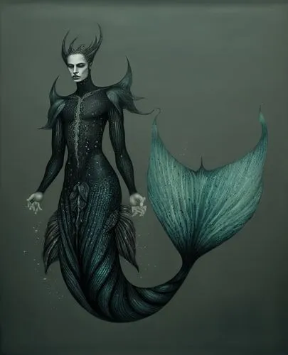 dark male mermaid,an illustration of a woman mermaid with her hair in mermaid tails,siren,kammerman,merfolk,sirena,mer,dammerman,Illustration,Realistic Fantasy,Realistic Fantasy 40