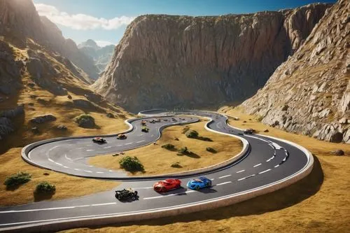 superhighways,steep mountain pass,mountain highway,3d car wallpaper,trackmania,miniature cars,Photography,General,Realistic