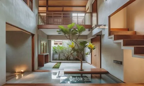 Create similar images with part double heights and part bali style courtyards with entrance foyer looking into an internal courtyard on the first floor and an external courtyard with an artistic frang