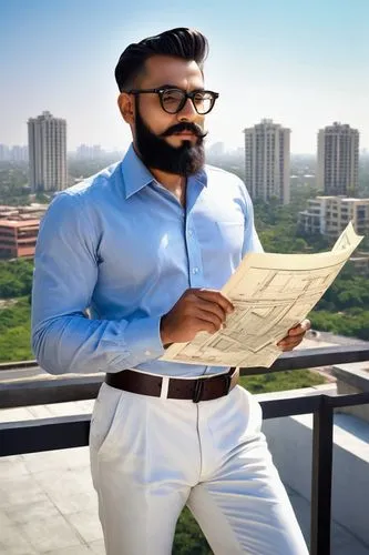 Architectural designer, male, 30s, stylish hair, black framed glasses, well-groomed beard, white shirt, black trousers, leather belt, holding blueprints, standing, Panchkula cityscape, modern building