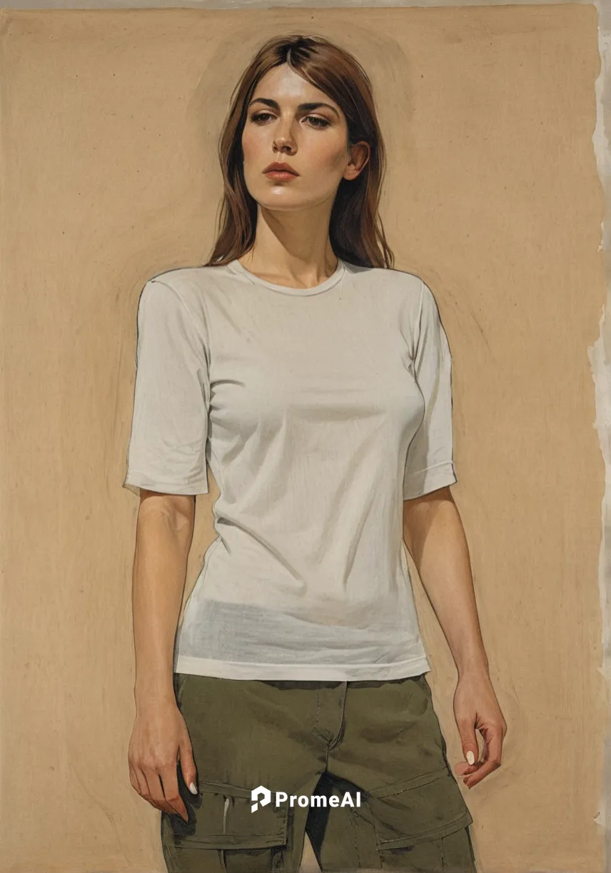 Female character - badass, femme fatale

Hairstyle is long straight (brown)

Wearing clothes is 'white t-shirt plain', 'olive cargo outdoor pants',girl in t-shirt,khaki,girl with cloth,bouguereau,woma