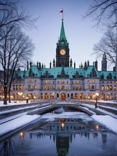 Ottawa parliament building, neoclassical architecture, grand central dome, symmetrical facade, Corinthian columns, ornate sculptures, stone carvings, copper roofs, intricate details, Canadian flag, wi