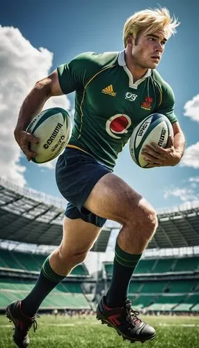 Rugby player, athletic build, muscular arms, strong legs, messy short hair, sweaty forehead, sporty facial expression, rugby jersey, shorts, cleats, holding rugby ball, running, jumping, tackling, Rug