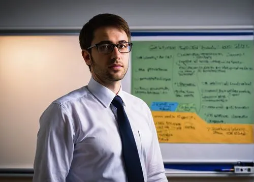 Control Unit, Computer Architecture, PPT, lecturer, male, 35yo, short brown hair, glasses, formal wear, white shirt, black tie, dark blue trousers, standing, presentation, university classroom, whiteb