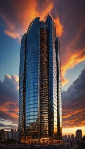 Modern futuristic skyscraper, sleek metallic exterior, curved lines, geometric shapes, neon lights, towering high-rise building, cityscape, metropolitan area, evening time, warm golden lighting, drama