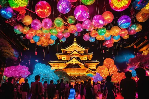 japanese paper lanterns,lanterns,chinese lanterns,japanese lantern,fairy lanterns,hanging temple,illuminated lantern,the festival of colors,festival of lights,lampion flower,chiang mai,mid-autumn festival,淡島神社,lantern,japan's three great night views,kyoto,hanging lantern,colorful light,vivid sydney,japanese umbrellas,Illustration,Realistic Fantasy,Realistic Fantasy 38