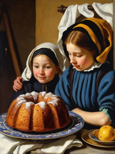 girl with bread-and-butter,citrus bundt cake,babka,rum cake,monkey bread,bundt cake,suet pudding,bombolone,sufganiyah,breton,panettone,colomba di pasqua,pan de muerto,butter rolls,petit gâteau,madeleine,woman holding pie,corn bread,orange cake,zeppole,Art,Classical Oil Painting,Classical Oil Painting 07