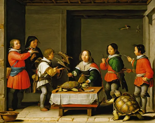 Write a funny scene involving the Turtle School students at Kame House.,christopher columbus's ashes,flemish,gullivers travels,seven citizens of the country,chess game,partiture,meticulous painting,th