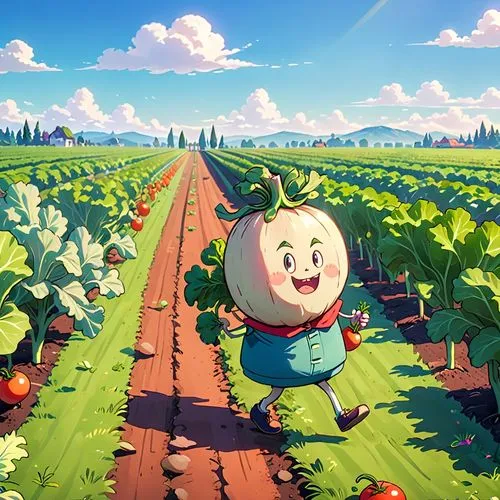 Anthropomorphized person walks through a vegetable garden. The turnip should have short legs and small arms, with an angry expression. He strolls calmly between rows of vegetables, such as carrots, le