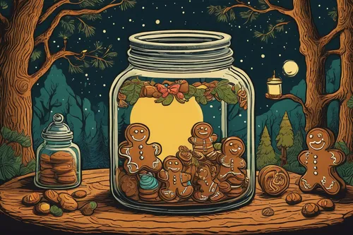 Create a whimsical poem capturing the magic of gingerbread jars in a fairytale setting.,jars,candy jars,honey jars,gingerbread jars,gingerbread jar,mason jars,honey jar,mason jar,moonshine,empty jar,c