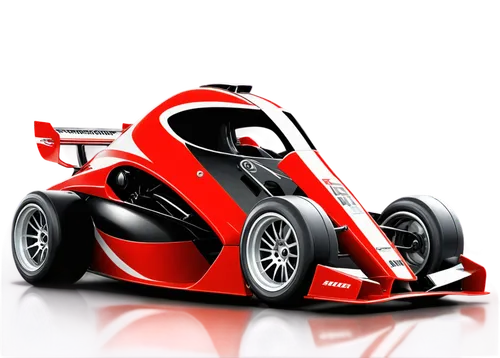 racing car, red body, shiny metallic paint, spoiler, exhaust pipe, wheels with silver rims, low profile tires, cockpit with steering wheel, bucket seat, helmet on seat, racing stripes, checkered flag 