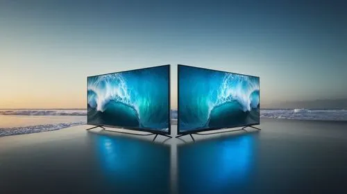 a philips under the glass. with killer wave in the background with high resolution in a dark surface,two large screen televisions side by side in the water,cube background,cube sea,cube surface,water 