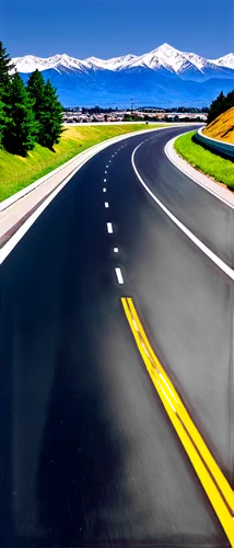 Highway scene, daytime, sunny weather, asphalt road, yellow lines, speeding cars, trucks, vans, motorbikes, guardrails, concrete median, green grassy verge, distant mountains, clear blue sky, panorami