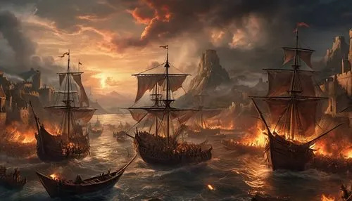 fireships,maelstrom,fantasy picture,lake of fire,naval battle,piracies,fireship,sailing ships,caravels,fantasy art,firewind,fantasy landscape,cataclysm,tour to the sirens,caravel,privateering,viking ship,hereunder,longships,galleon