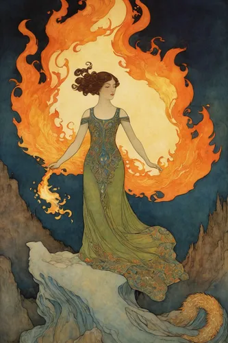 fire siren,flame spirit,fire dancer,torch-bearer,dancing flames,mucha,fire dance,firedancer,fire-eater,rusalka,burning torch,fire angel,flame of fire,pillar of fire,firebird,fire and water,fire eater,flaming torch,kate greenaway,incandescent,Illustration,Retro,Retro 17