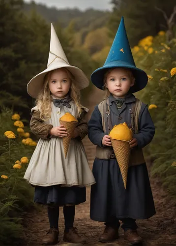 witches' hats,vintage children,witches,little boy and girl,vintage boy and girl,boy's hats,children's fairy tale,gnomes,happy children playing in the forest,photographing children,fairytale characters,witch's hat,witch hat,celebration of witches,girl and boy outdoor,elves,witches hat,childs,nomadic children,little girls,Photography,Documentary Photography,Documentary Photography 13