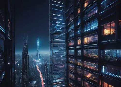 cybercity,skyscraper,metropolis,cityscape,futuristic architecture,futuristic landscape,city at night,the skyscraper,cyberpunk,coruscant,highrises,guangzhou,urban towers,ctbuh,high rises,skyscrapers,shanghai,dubai marina,dystopian,barad,Illustration,Japanese style,Japanese Style 18