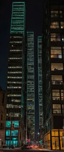 Modern h3 architecture, skyscraper, cityscape, urban landscape, sleek metal frame, glass facade, rectangular shape, flat roof, symmetrical design, nighttime, neon lights, illuminated windows, busy str