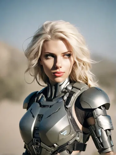 a woman,female warrior,breastplate,knight armor,armour,silver,heavy armour,metal implants,armored,armor,fantasy woman,military robot,war machine,head woman,blonde woman,iron,steel,cyborg,warrior woman