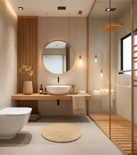 Design a space inspired by the fusion of Japanese and Nordic styles. The environment should be minimalist, with soft and natural tones that evoke calm and serenity. Use light wood for furniture and ac