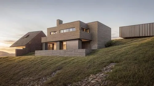 vegetation and alleys on slope brick and stone on the house,dunes house,cubic house,cube house,modern house,dune ridge,modern architecture,timber house,danish house,corten steel,house in mountains,bea