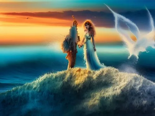 beautiful nude female 35 45 from brazil infront of the sea wave and amazing sunset flying bird above ,a woman is standing on an island with two pigeons,fantasy picture,archangels,firewind,fantasy art,